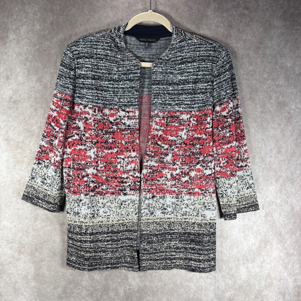 Ming Wang Knit Jacket Womens Medium Red Black White Abstract Open‎ Front Career